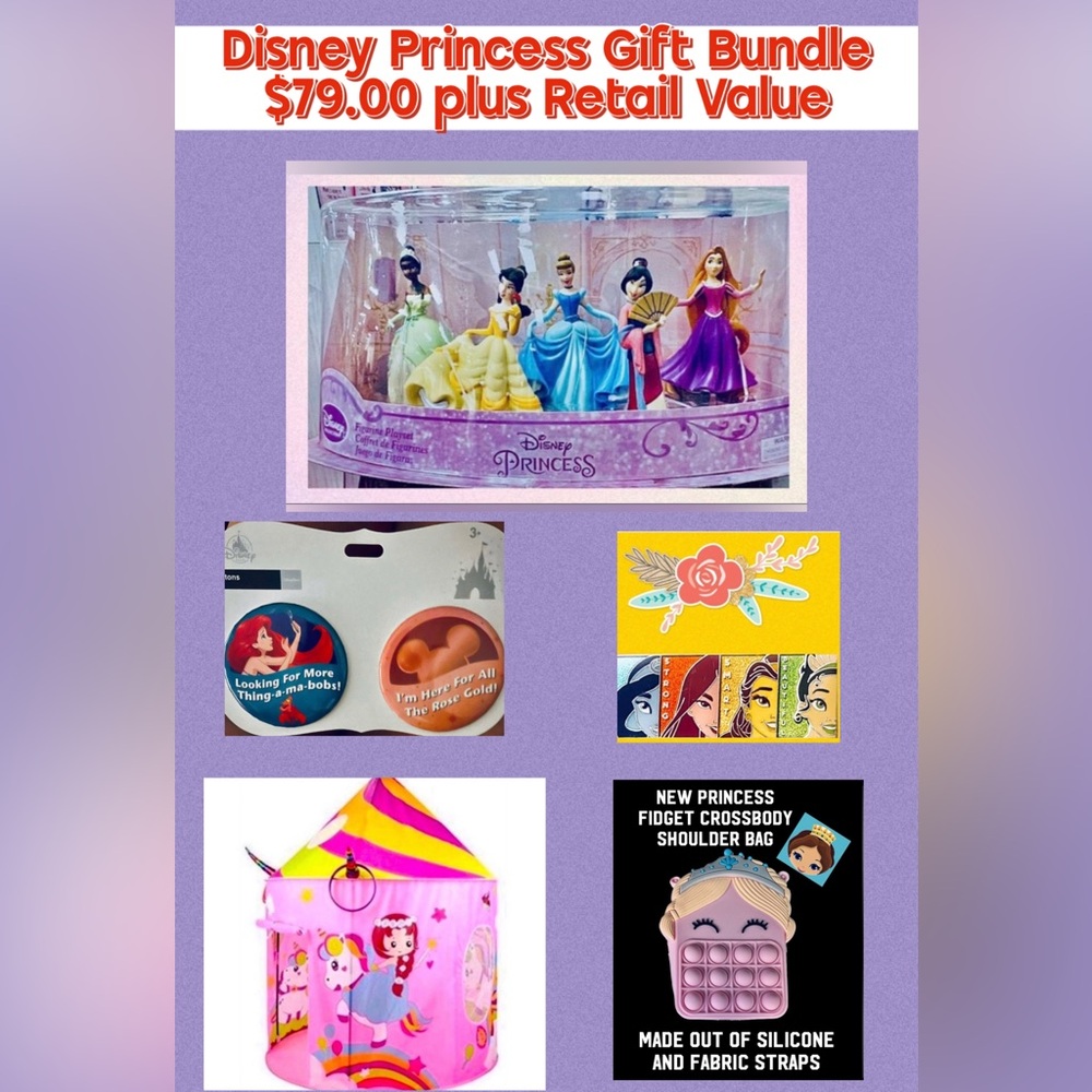Disney Princess Lot Play Set, Mermaid & Collectible Princess Pin, & Castle Tent